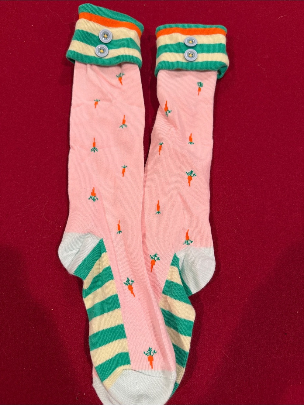 Matilda Jane Pink Crew Socks with Carrot Motif and Green Stripes